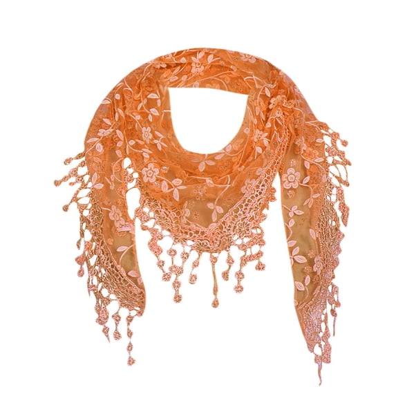 Lispipm Womens Lace Fringes Scarf Embroidery Floral Tassel Shawl Lightweight Soft Head Covering Veils Gift for Ladies Orange
