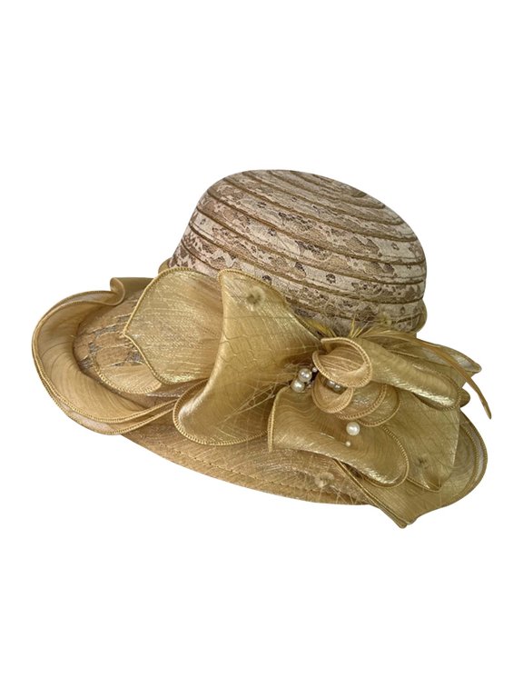 Womens Organzas Fascinator Hat Bowknot Pearls Dressy Caps Short Brim Summer Vacation Wedding Party Hat for Ladies Gift Gold