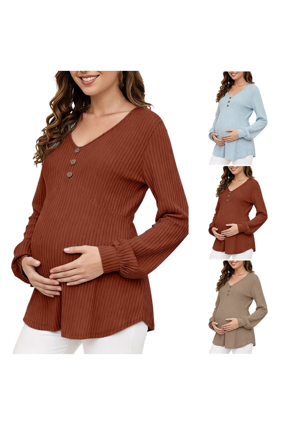 Womens Pregnant Sweater Tops V Neck Knit Ribbed Blouses Fall Winter Warm Casual Ruched Clothes for Holiday