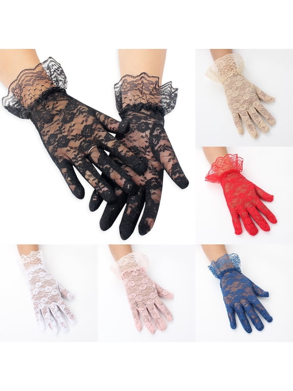 Womens Short Lace Full Finger Gloves Breathable Bridal Wedding Tea Party Prom Sun Glove for Halloween Festival Beige