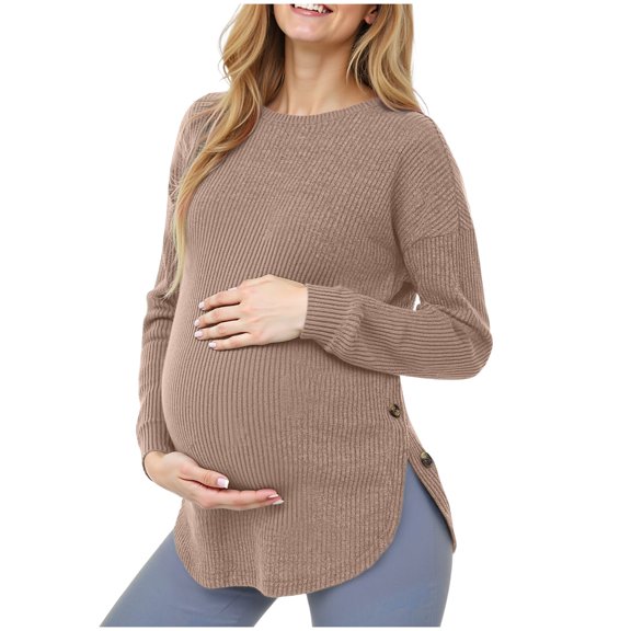 Lispipm Womens Sweaters Crewneck Long Sleeve Shirts Fall Knit Outfits Home Casual Winter Pregnancy Clothing with Side Slit Brown L