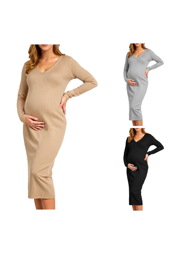 Womens V Neck Maternity Dress Rib Knit Stretchy Long Sleeve Maxi Skirt Fall Pregnancy Clothes for Ladies Daily Black L