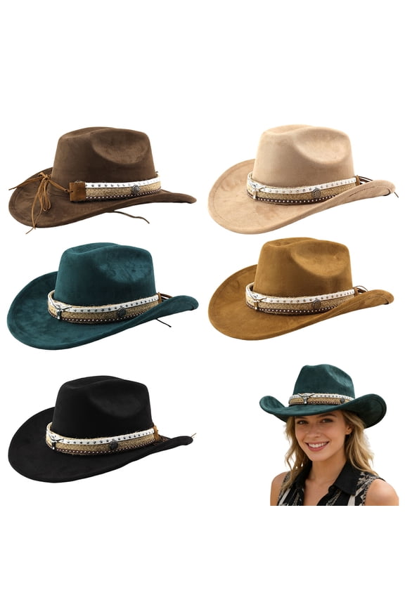 Womens Western Cowboy Hat Rolled Wide Brim Retro Rodeo Travel Sun Hat with Buckles Belt Ladies Outdoor Caps Beige