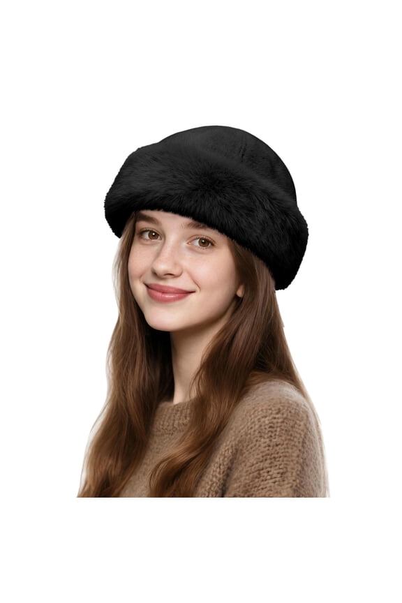 Womens Winter Bucket Hat with Plush Puffy Plush Flip over Hats Warm Fisherman Thick Cap Gift for Ladies Black