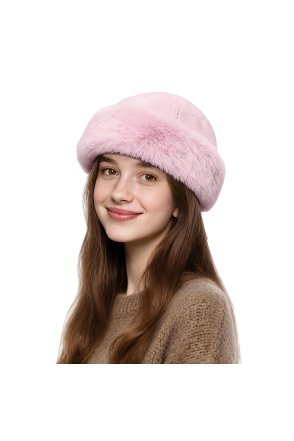 Womens Winter Bucket Hat with Plush Puffy Plush Flip over Hats Warm Fisherman Thick Cap Gift for Ladies Pink