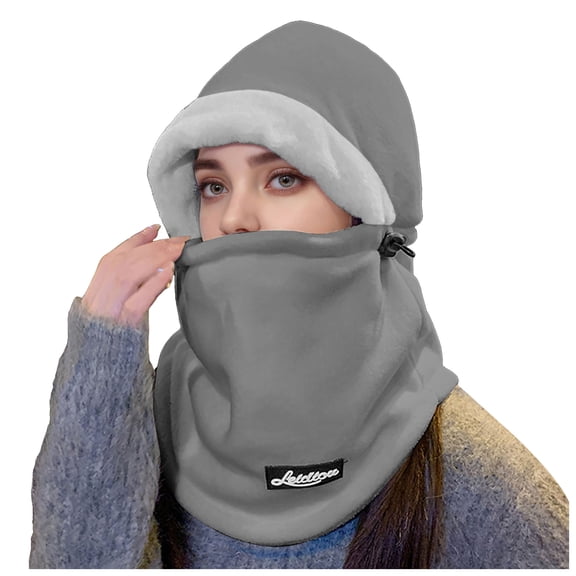 Lispipm Womens Winter Hooded Scarf Slouchy Fleece Thick Windproof Ear Warm Snowy Hat for Men Outdoor Activities and Travel Gray