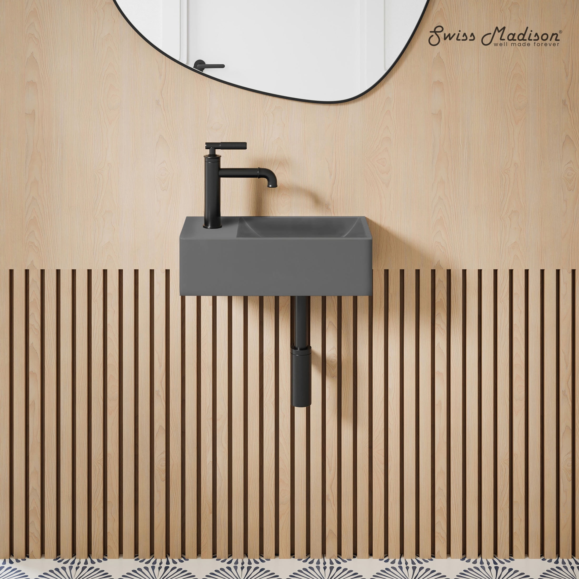 Lisse 16" Concrete Rectangle Wall-Mounted Sink with Left Side Faucet Mount in Matte Dark Gray