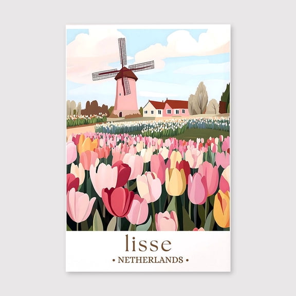 Lisse Netherlands Art Print, Tulip Field Landscape Canvas, Springtime Travel Canvas, Dutch Countryside Decor
