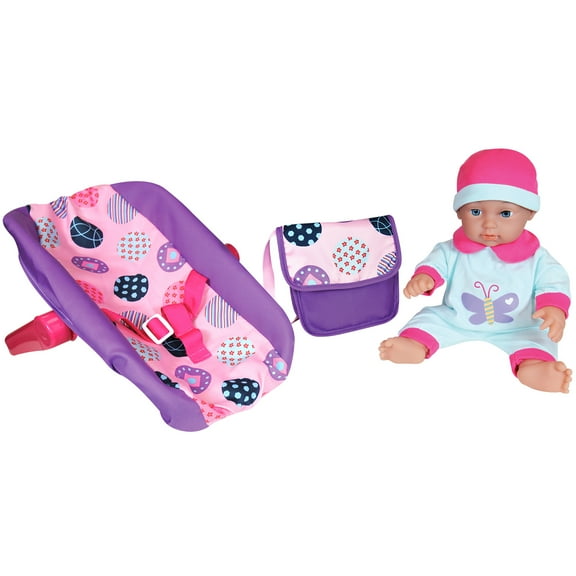 Lissi: 11" Baby Doll & Car Seat Handbag Set - Pink-Blue-Purple-Butterfly Outfit, Hat, Rocking Carrier, Soft Body, Travel Roleplay Toy, Kid-Toddler 2+