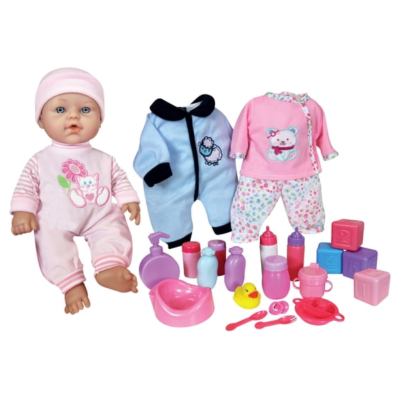 Lissi: 12" Baby Doll & Accessories Set - Pink - 2 Extra Outfits, Feeding & Care Accessories, Toy Play Blocks, Rubber Duck, Potty Seat, Kids-Toddler 2+
