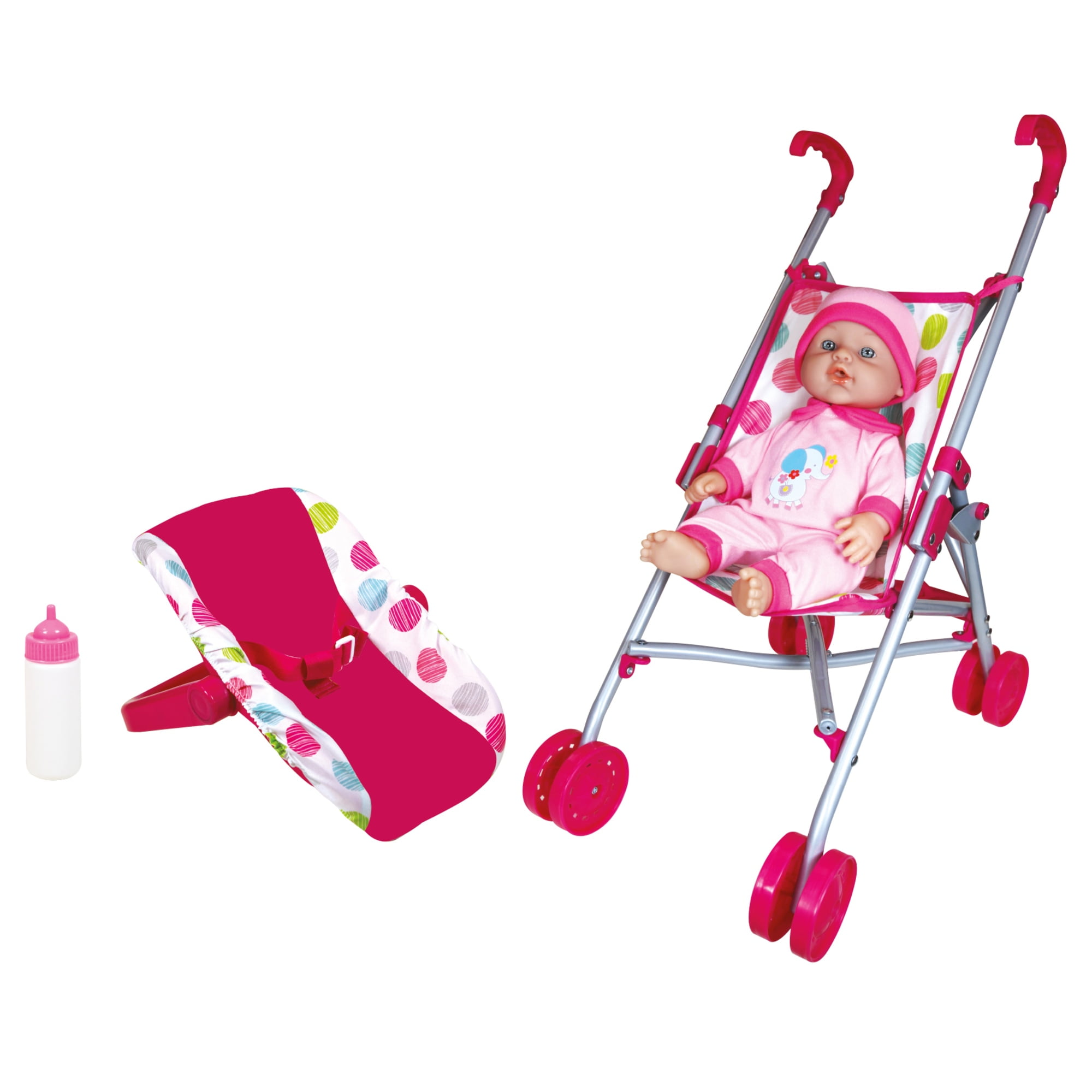 Lissi: 12" Baby Doll & Push-Carry Travel Set - Pink Elephant Onesie, Car Seat, Folding Umbrella Stroller, Feeding Bottle, Roleplay Toy, Kids 3+