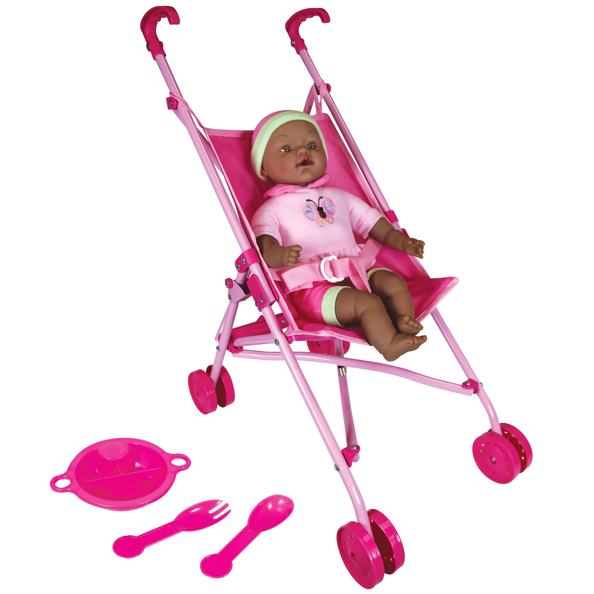 Lissi: Umbrella Stroller & 16" African American Doll - Pink & Green Butterfly Outfit & Hat, Foldable Push Stroller, Toy Feeding Accessories, Kids 3+