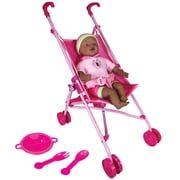 Lissi Umbrella Stroller & 16" African American Doll - Pink & Green Butterfly Outfit & Hat, Foldable Push Stroller, Toy Feeding Accessories, Kids 3+