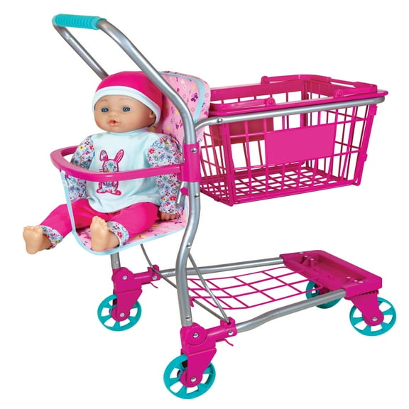 Lissi: 16" Baby Doll & Shopping Cart Set - Pink & Blue Bunny Outfit - Metal Frame Push Trolley, Storage Basket, Grocery Store Roleplay Toy, Kids 3+