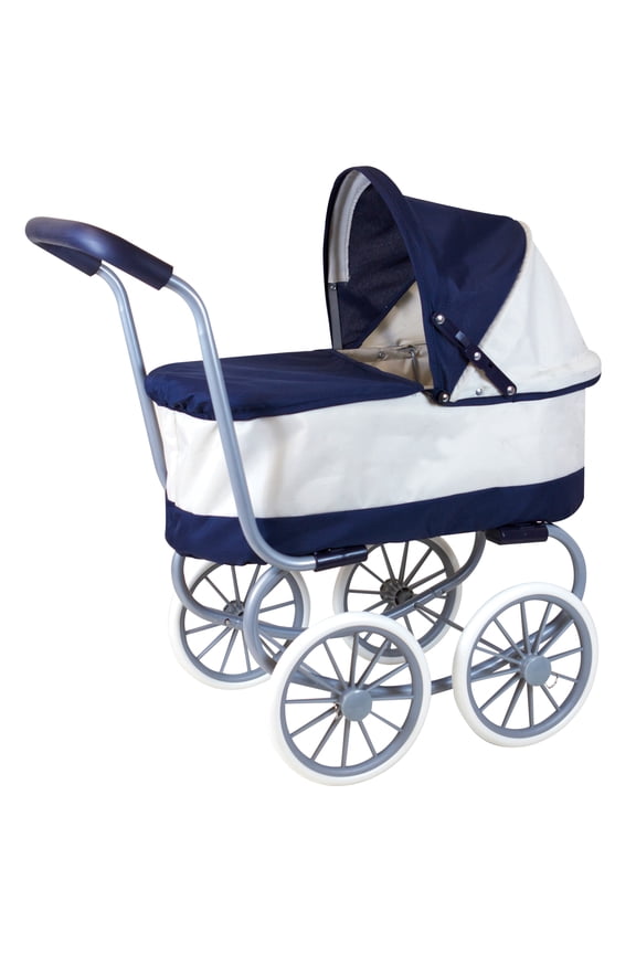 : Classic Baby Doll Pram - Navy & White - Push Stroller, Adjustable Canopy, Removable Carry Cot & Apron, Doll Accessory Roleplay Toy, Kids 3+