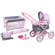 Lissi: Combo Baby Doll Play Set - Pink & Grey Polka Dot - Travel Bed, Stroller Pram, Handbag, Feeding Accessories, Toys For Dolls Up to 18", Kids 3+
