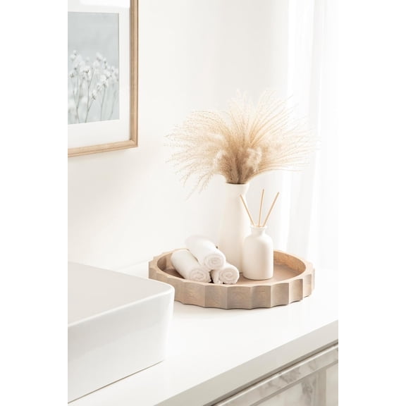 Lissi Decorative Round Tray with Wavy Design; 15 Inch Diameter; Natural Wood; Modern Scalloped Circle Serving Tray for Coffee Table Ottoman; Dining Table; or Entryway Tray