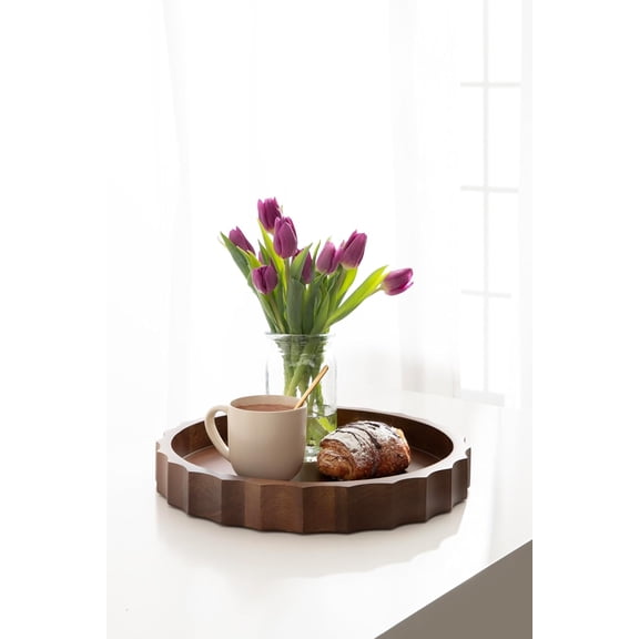 Lissi Decorative Round Tray with Wavy Design, 15 Inch Diameter, Walnut Brown, Mid- Modern Scalloped Circle Serving Tray for Coffee Table, Ottoman, or Entryway Decor