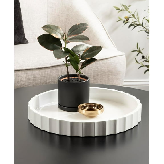 Lissi Decorative Round Tray with Wavy Design; 16 Inch Diameter; White; Modern Scalloped Circle Serving Tray for Coffee Table Ottoman; Dining Table; or Entryway Catch-All Tray