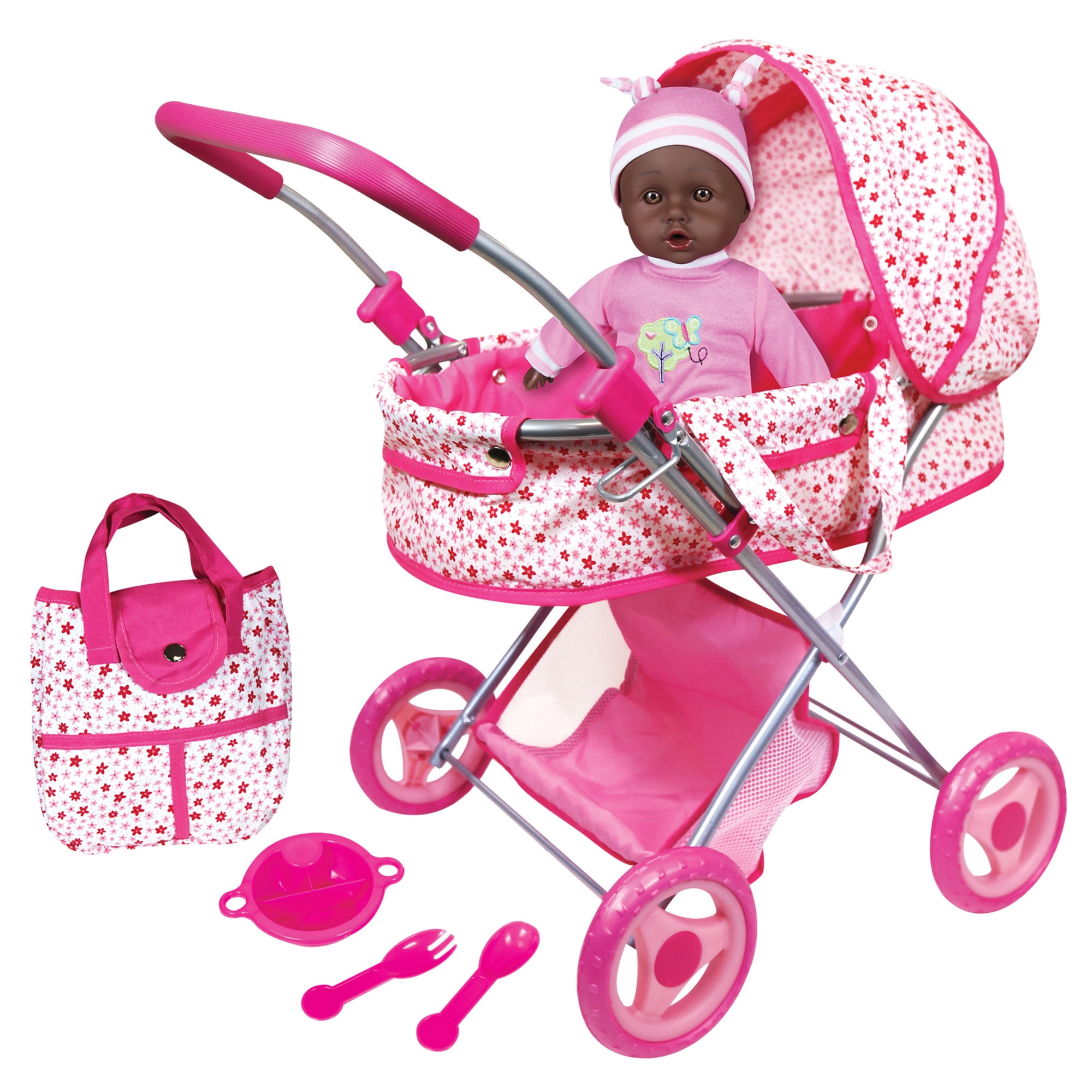 Lissi: Deluxe Pram & 13" African American Baby Doll - Pink - Floral Design Push Stroller, Removable Cot & Storage Basket, Feeding Accessories, Kids 3+