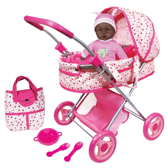 Lissi: Deluxe Pram & 13" African American Baby Doll - Pink - Floral Design Push Stroller, Removable Cot & Storage Basket, Feeding Accessories, Kids 3+