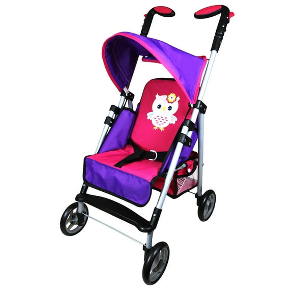 Lissi: Deluxe Doll Stroller - Pink-Purple-Owl - Foldable Pushchair, Reclining Seat, Adjustable Canopy, Shopping Basket, Doll Accessory Toy, Kids 3+