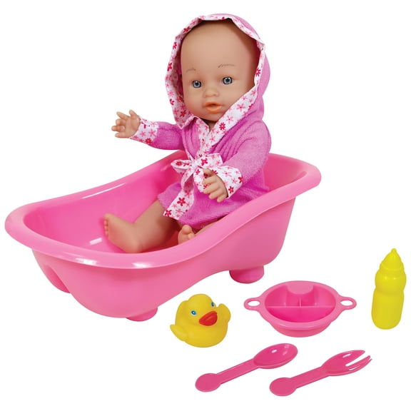 Lissi: 11" Baby Doll & Bathtub Set - Pink - Water-Safe Hard Body, Floral Bathrobe, Feeding Accessories & Rubber Duck, Roleplay Toy, Kids & Toddlers 2+