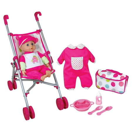 Lissi: 13" Baby Doll & Umbrella Stroller Set - Pink & Unicorn, Hat, Handbag, Extra Outfit, Feeding Accessories, Foldable, Roleplay Toy, Kid-Toddler 2+