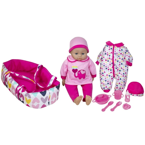 Lissi: 16" Talking Baby Doll Sylvie - Pink & Elephant Outfit, Matching Hat, 6 Interactive Sounds, Bassinet, Care Accessories, Roleplay Toy, Kids 3+