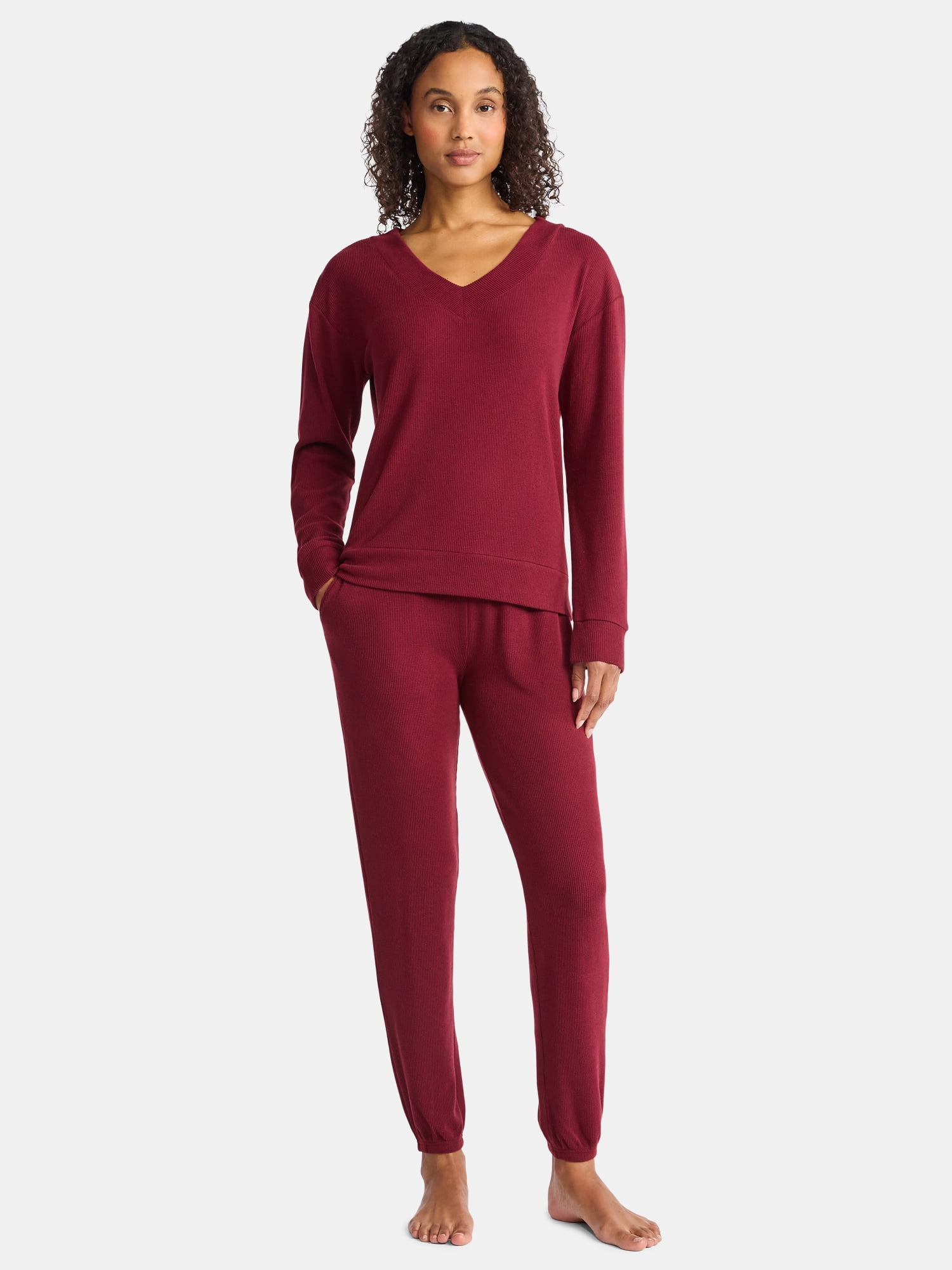 Lissome Women’s Soft Double Brushed Waffle Knit Long Sleeve V-yoke top and Jogger Pant Pajama Set , Sizes S-3X