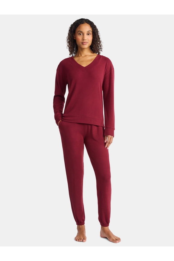 Women’s Soft Double Brushed Waffle Knit Long Sleeve V-yoke top and Jogger Pant Pajama Set , Sizes S-3X