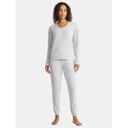 Women’s Soft Double Brushed Waffle Knit Long Sleeve V-yoke top and Jogger Pant Pajama Set , Sizes S-3X