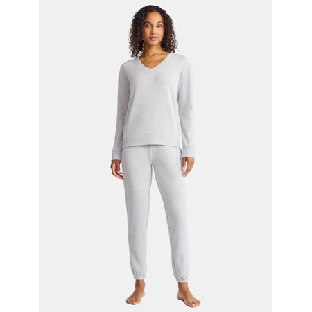 Lissome Women’s Soft Double Brushed Waffle Knit Long Sleeve V-yoke top and Jogger Pant Pajama Set , Sizes S-3X