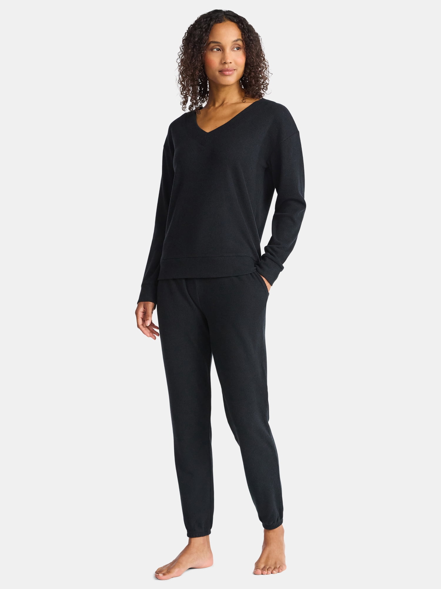 Lissome Women’s Soft Double Brushed Waffle Knit Long Sleeve V-yoke top and Jogger Pant Pajama Set , Sizes S-3X