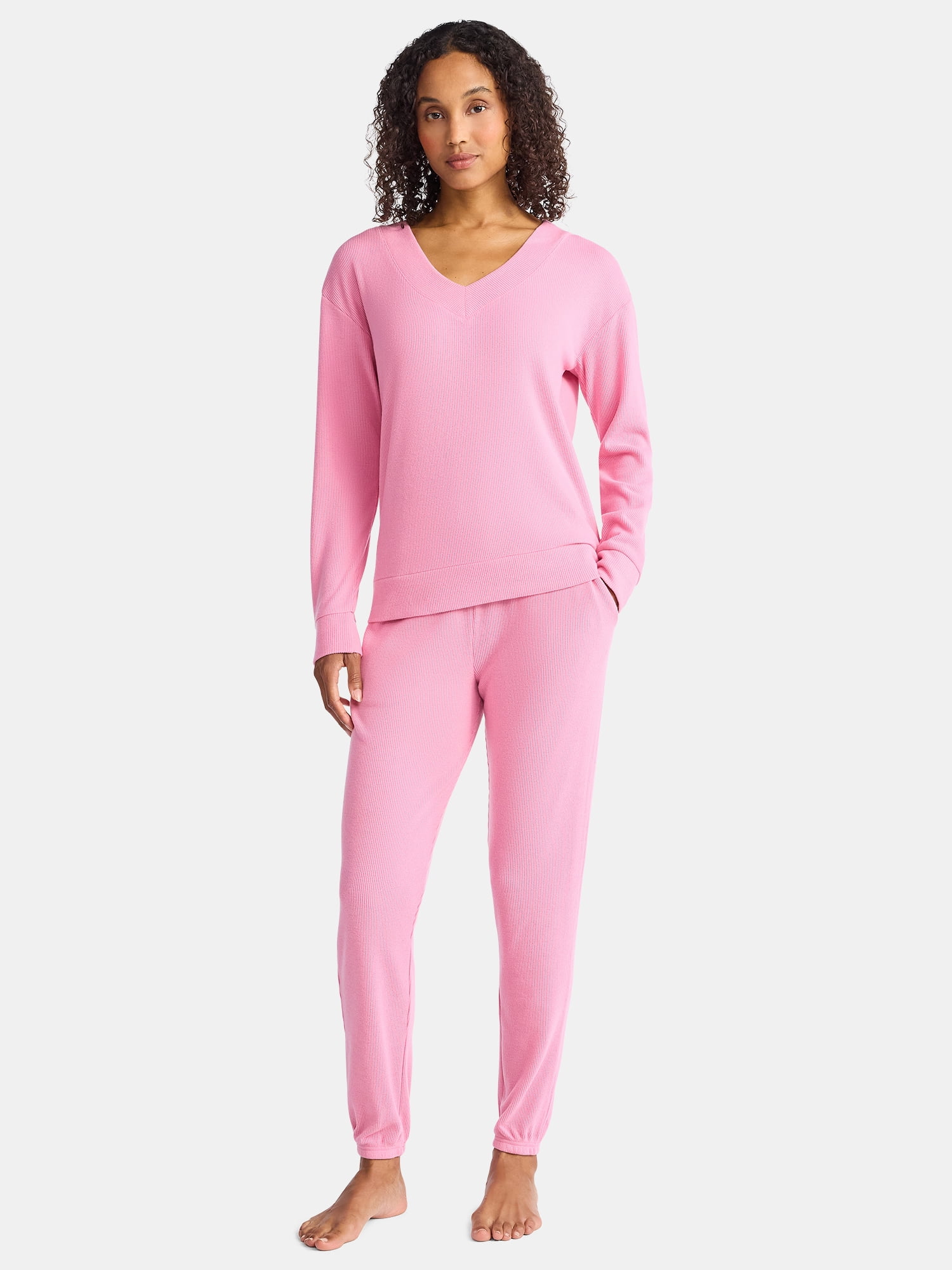 Lissome Women’s Soft Double Brushed Waffle Knit Long Sleeve V-yoke top and Jogger Pant Pajama Set , Sizes S-3X