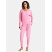 Lissome Women’s Soft Double Brushed Waffle Knit Long Sleeve V-yoke top and Jogger Pant Pajama Set , Sizes S-3X