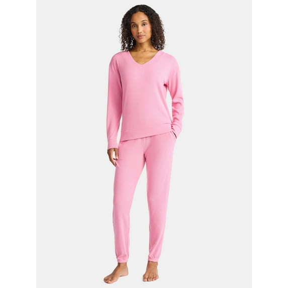 Lissome Women’s Soft Double Brushed Waffle Knit Long Sleeve V-yoke top and Jogger Pant Pajama Set , Sizes S-3X