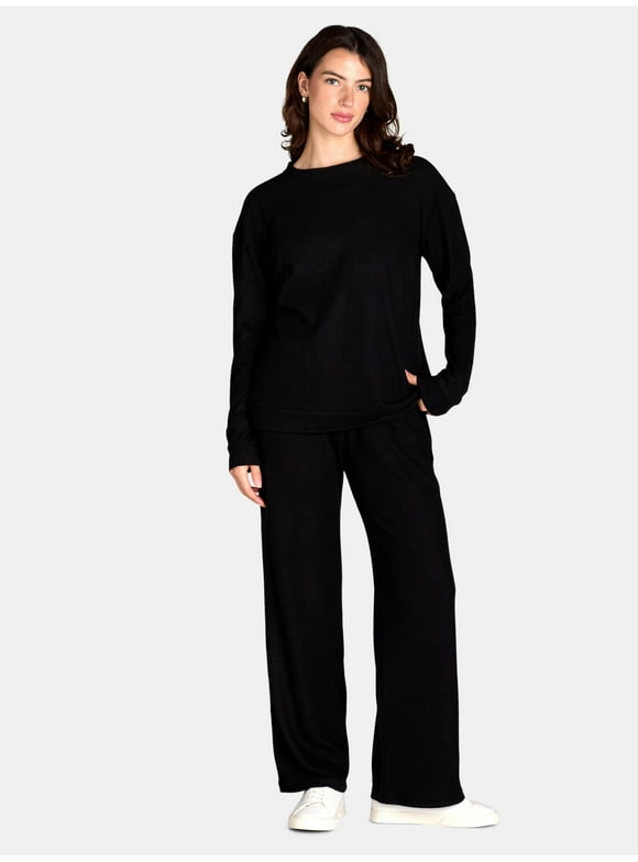 Women's Soft Brushed Waffle Oversized Long Sleeve Top and Wide Leg Pant Lounge Set, 2-Piece, Sizes S-3X