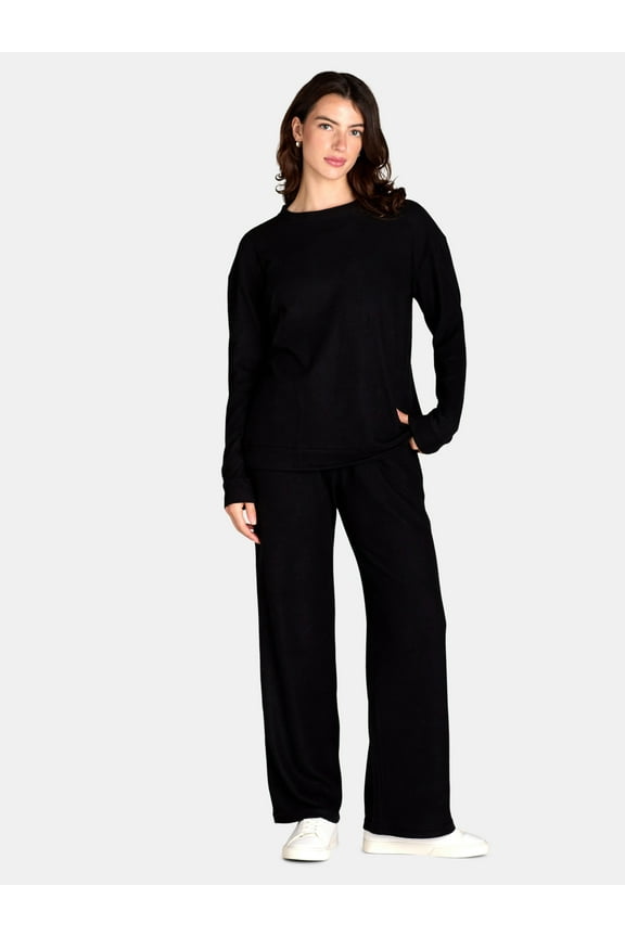 Women’s Soft Brushed Waffle Oversized Long Sleeve Top and Wide Leg Pant Lounge Set, 2-Piece, Sizes S-3X