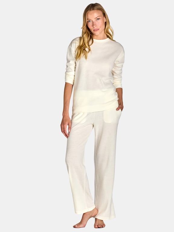 Women’s Soft Brushed Waffle Oversized Long Sleeve Top and Wide Leg Pant Lounge Set, 2-Piece, Sizes S-3X