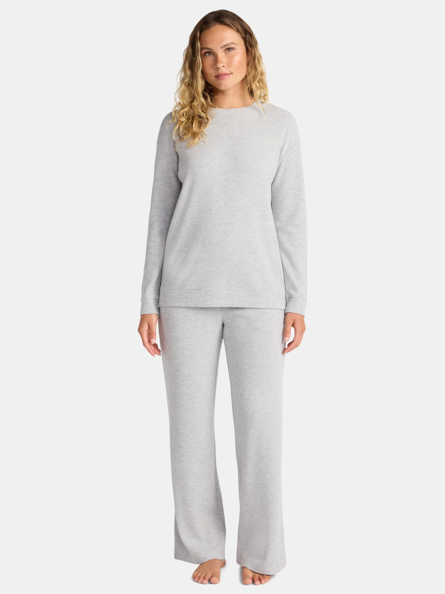 Lissome Women’s Soft Brushed Waffle Oversized Long Sleeve Top and Wide Leg Pant Lounge Set, 2-Piece, Sizes S-3X