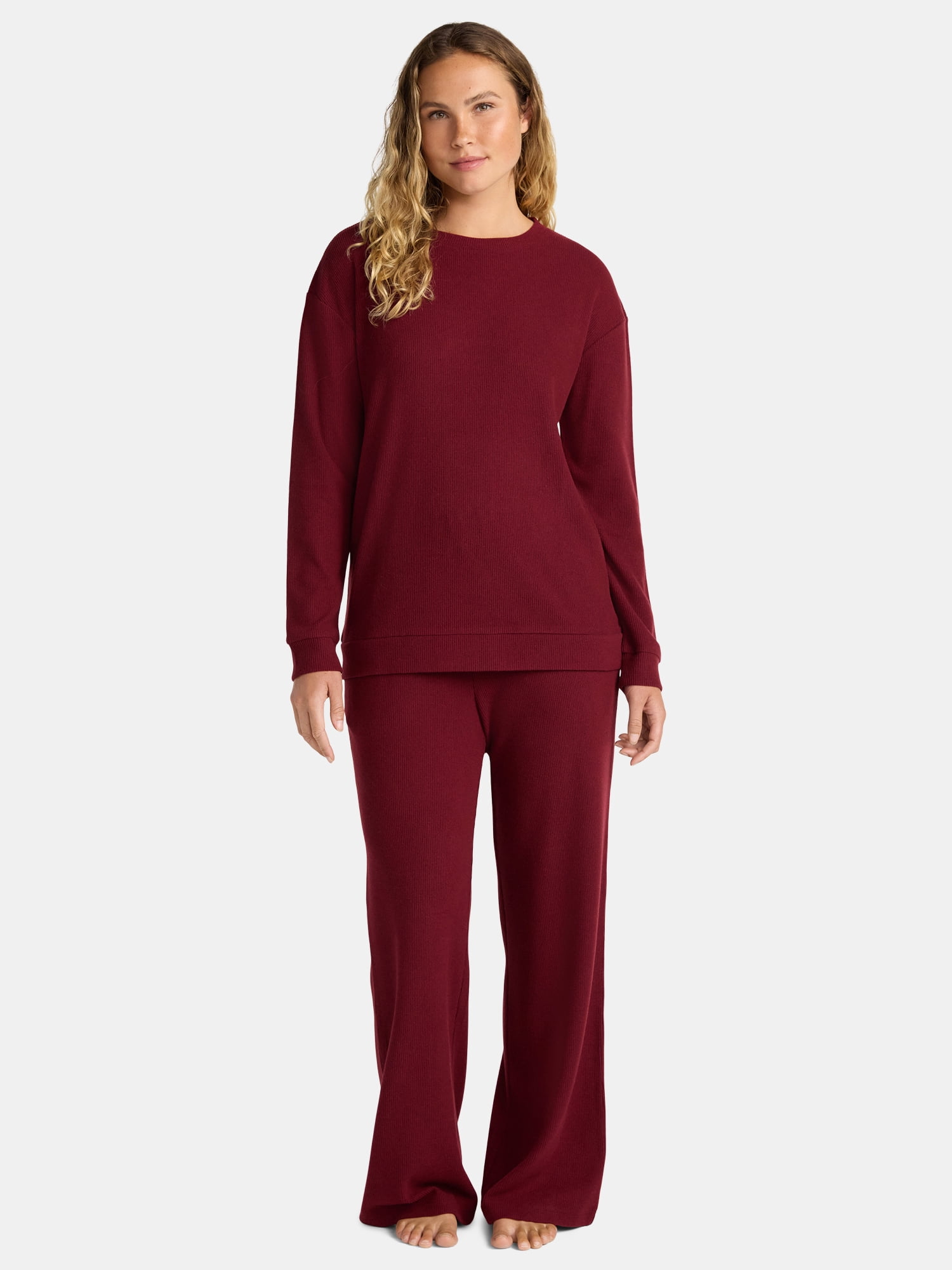 Lissome Women’s Soft Brushed Waffle Oversized Long Sleeve Top and Wide Leg Pant Lounge Set, 2-Piece, Sizes S-3X