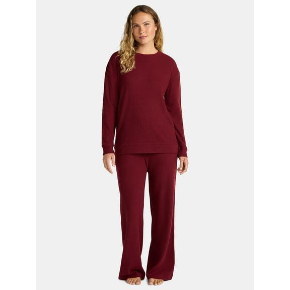 Lissome Women’s Soft Brushed Waffle Oversized Long Sleeve Top and Wide Leg Pant Lounge Set, 2-Piece, Sizes S-3X