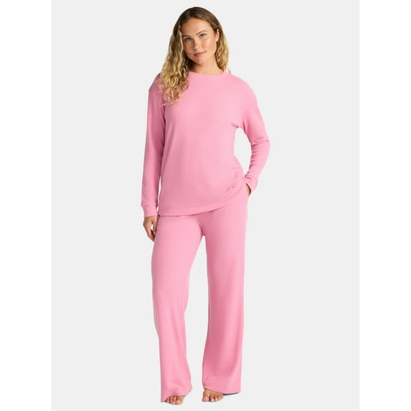Lissome Women’s Soft Brushed Waffle Oversized Long Sleeve Top and Wide Leg Pant Lounge Set, 2-Piece, Sizes S-3X