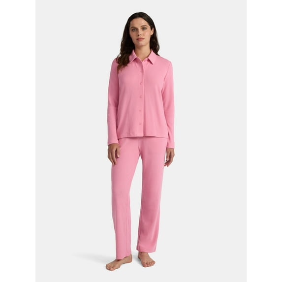 Lissome Women’s Soft Double Brushed Waffle Knit Notch Collar Long Sleeve Pajama Set , Sizes S-3X