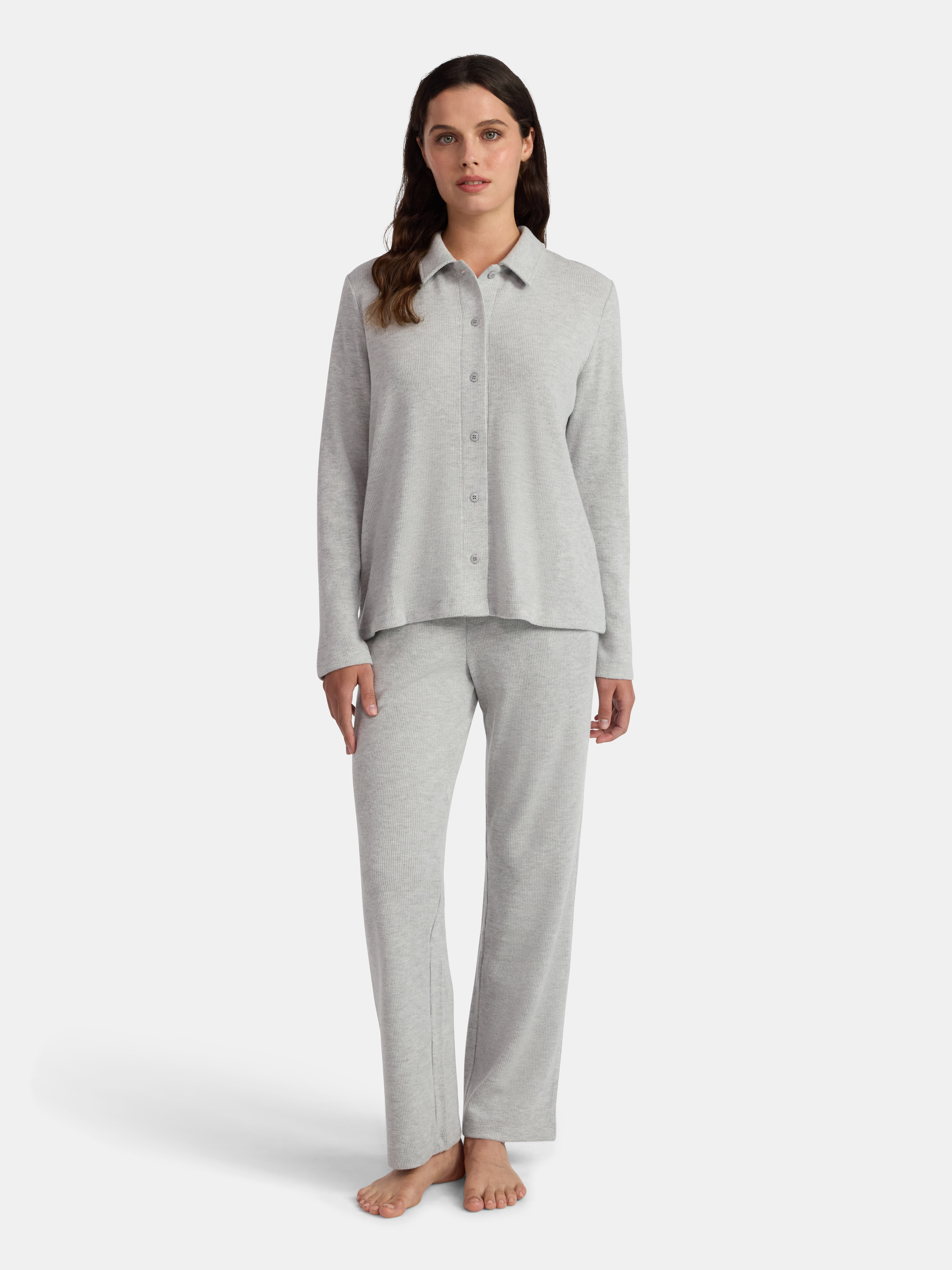 Lissome Women’s Soft Double Brushed Waffle Knit Notch Collar Long Sleeve Pajama Set , Sizes S-3X