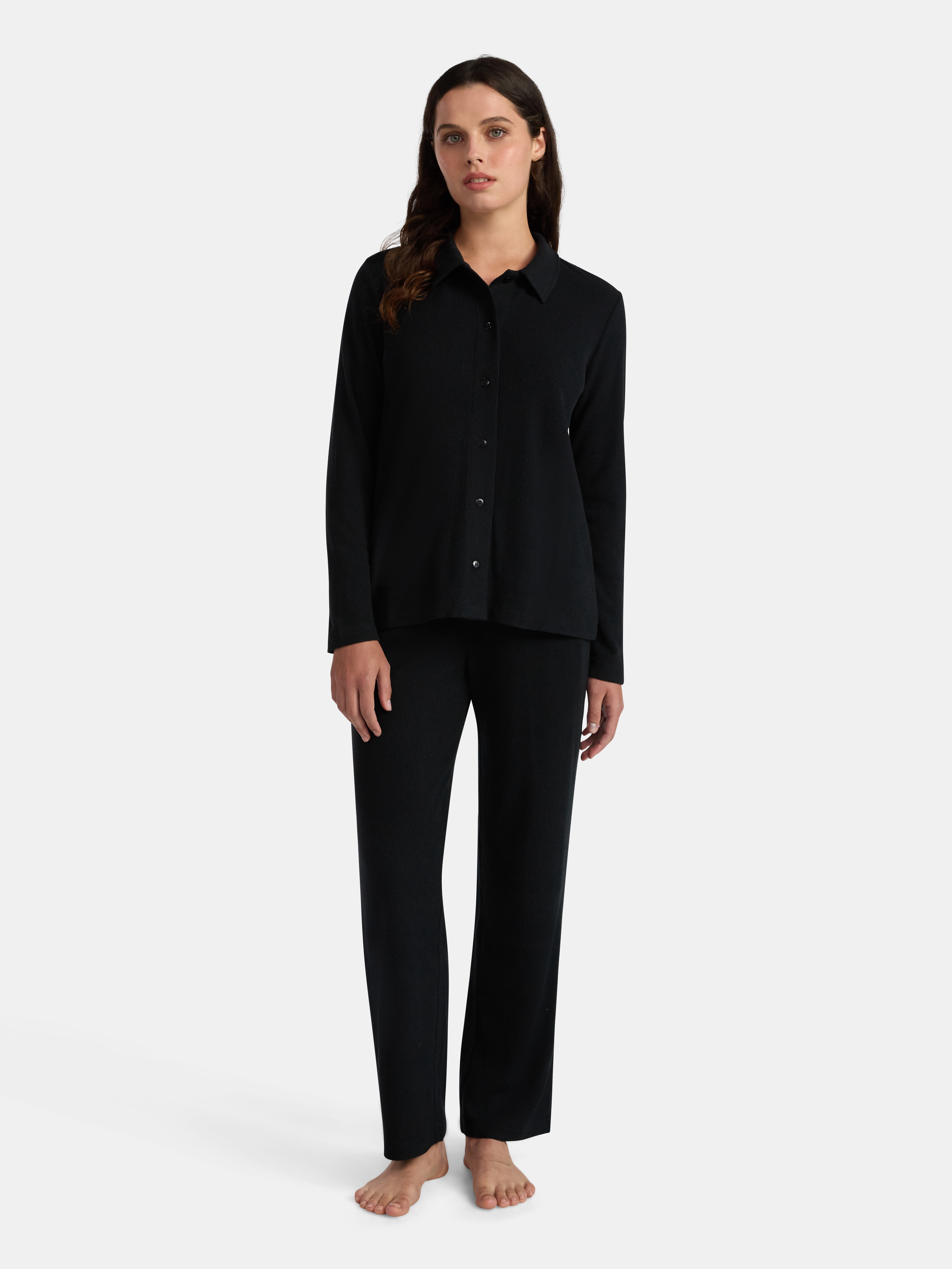 Lissome Women’s Soft Double Brushed Waffle Knit Notch Collar Long Sleeve Pajama Set , Sizes S-3X