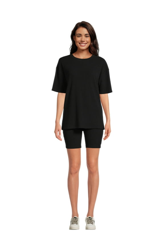 Women's Oversize Hacci Ribbed Tee and Bike Shorts Lounge Set, 2-Piece, Sizes S-4X