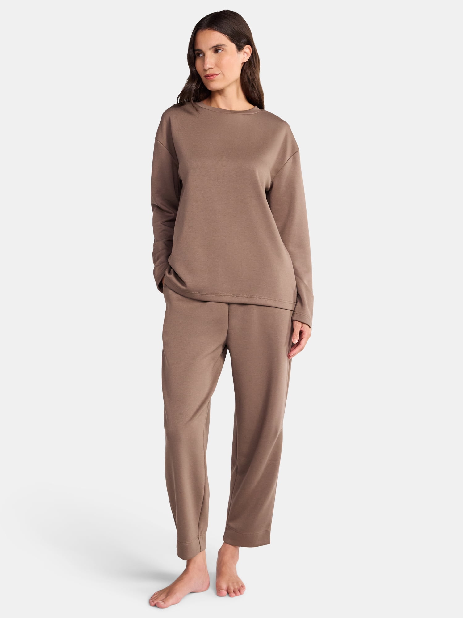 Lissome Women’s Luxe Scubaknit Long Sleeve Drop Shoulder Top and barrel leg pant Lounge Set, 2-piece Set , Sizes S-3X