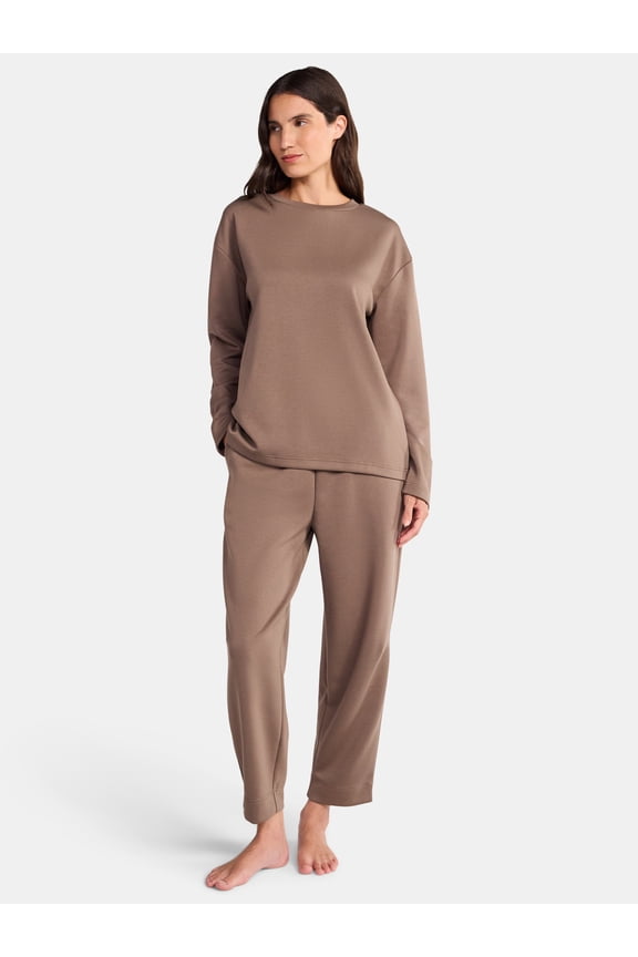 Women’s Luxe Scubaknit Long Sleeve Drop Shoulder Top and barrel leg pant Lounge Set, 2-piece Set , Sizes S-3X